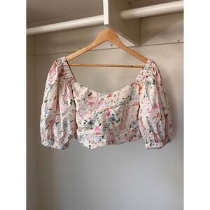 Abercrombie & Fitch Floral Puff Sleeve Crop Top Pink Blue White XL